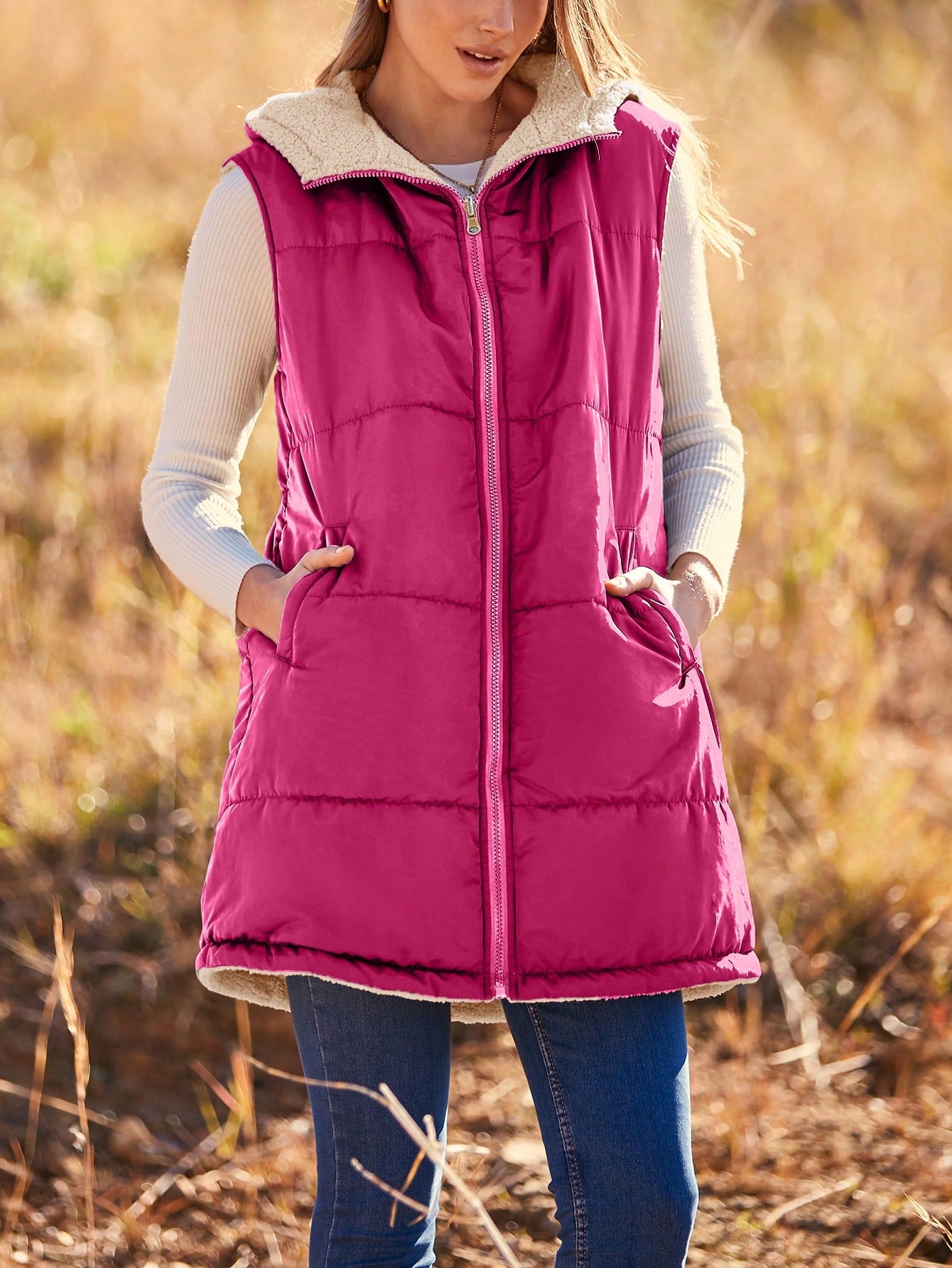 Women'S Fall Reversible Vest Sleeveless Wool Jacket Zipper Hoodie Pocket Long Warm Winter Coat Coat