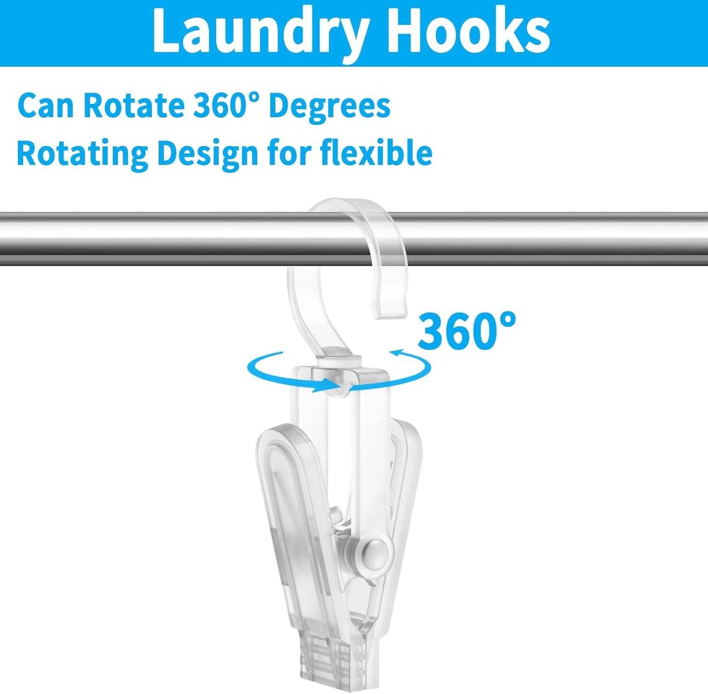 20 PCS Laundry Hooks with Clips Super Strong Plastic Home Travel Swivel Hanging Hanger Closet Organizer Clamps Socks Boot Bras Towels for Bathroom Wardrobe Kitchen Office - 4.3 Inches (Clear)