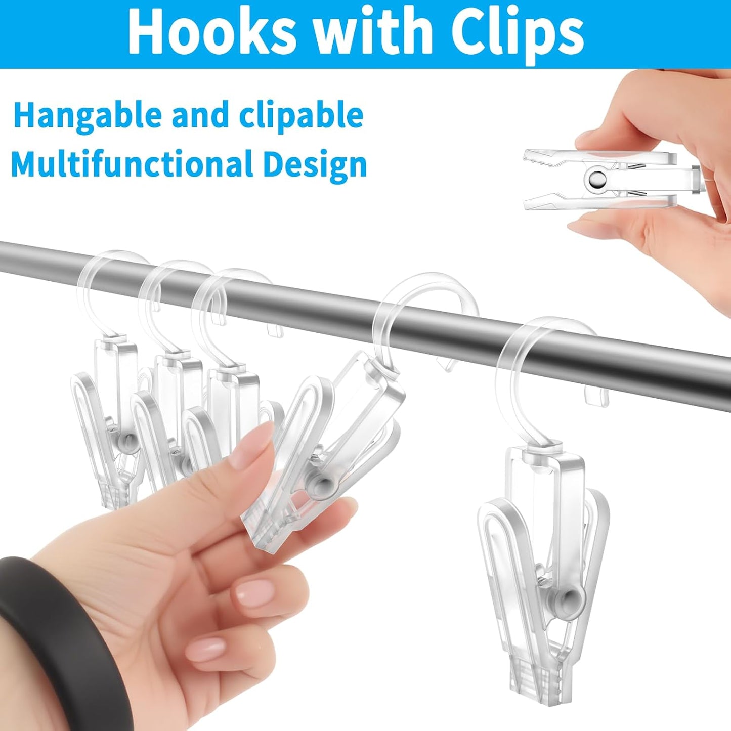 20 PCS Laundry Hooks with Clips Super Strong Plastic Home Travel Swivel Hanging Hanger Closet Organizer Clamps Socks Boot Bras Towels for Bathroom Wardrobe Kitchen Office - 4.3 Inches (Clear)