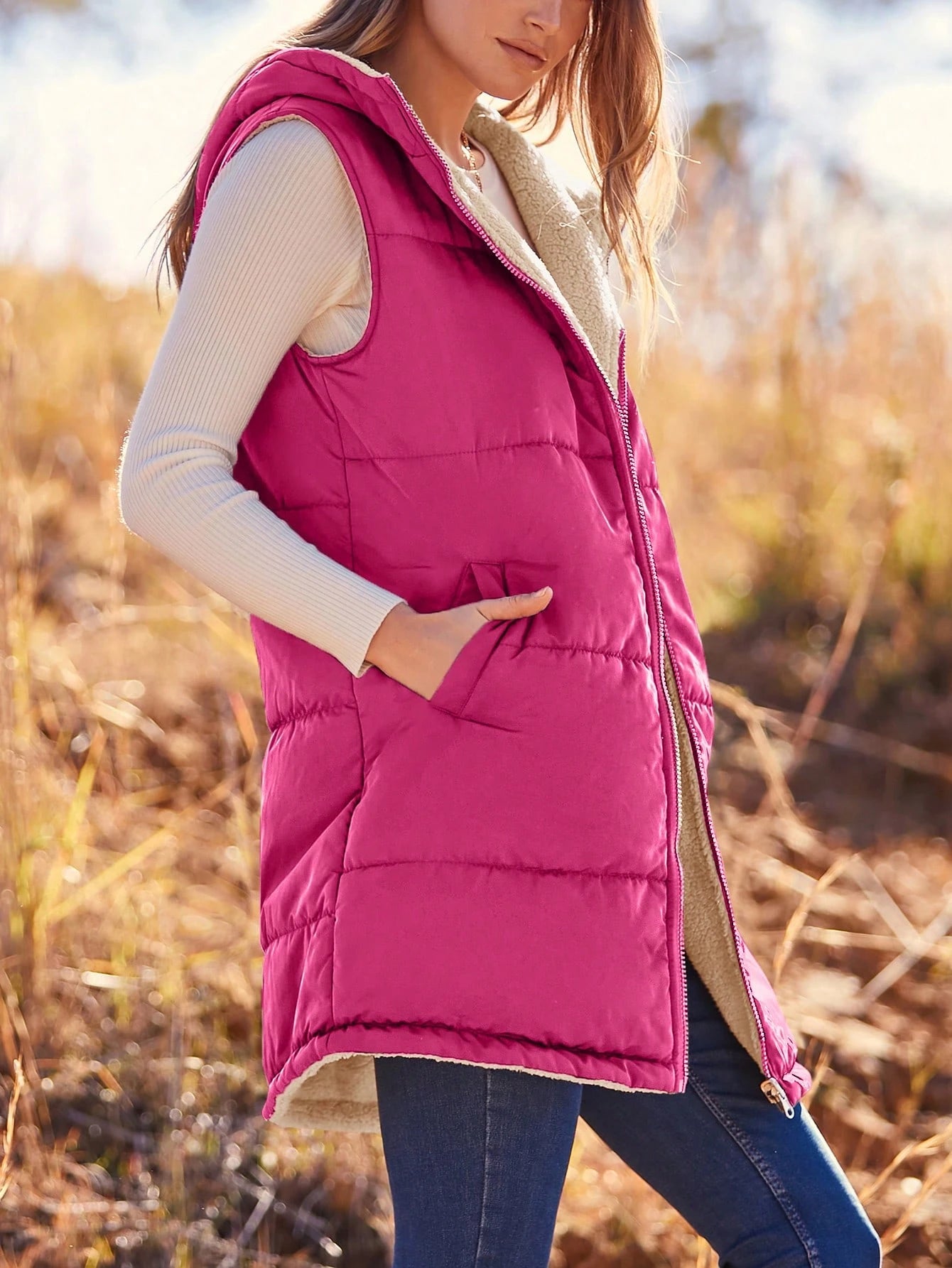 Women'S Fall Reversible Vest Sleeveless Wool Jacket Zipper Hoodie Pocket Long Warm Winter Coat Coat