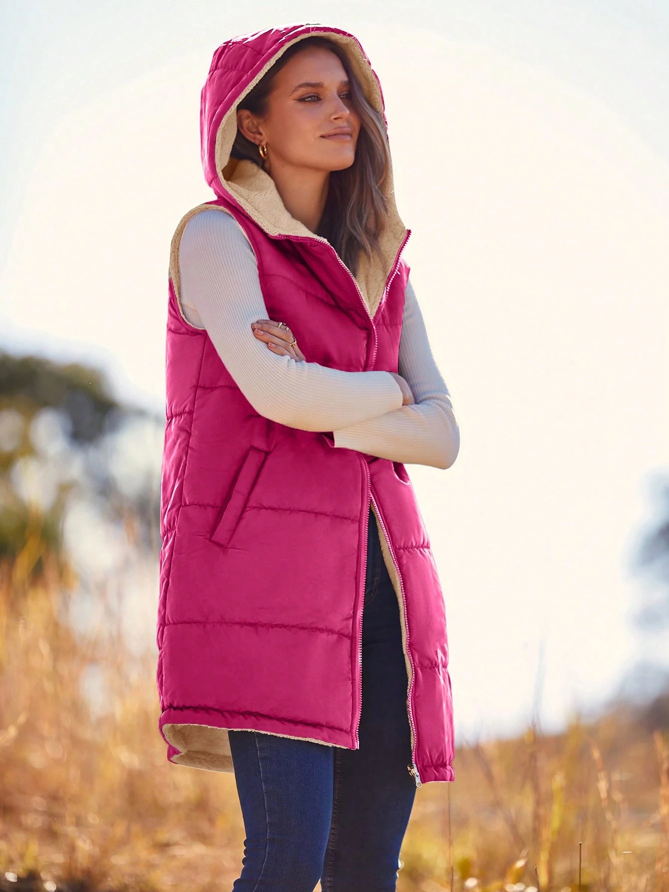 Women'S Fall Reversible Vest Sleeveless Wool Jacket Zipper Hoodie Pocket Long Warm Winter Coat Coat