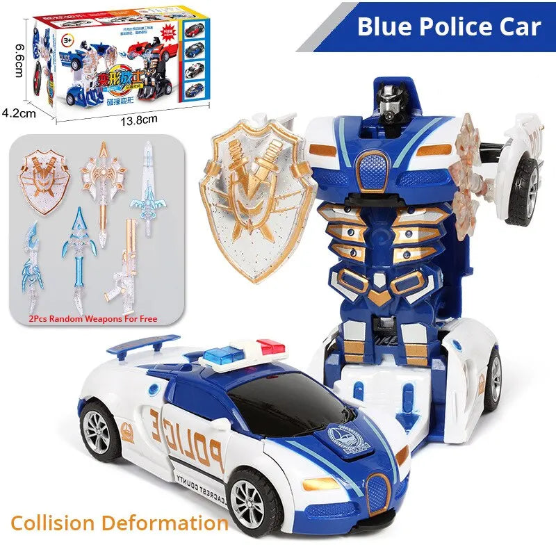 Blue Children'S Collision Deformation Police Car Toy Boy Inertia Impact One-Button Deformation Car