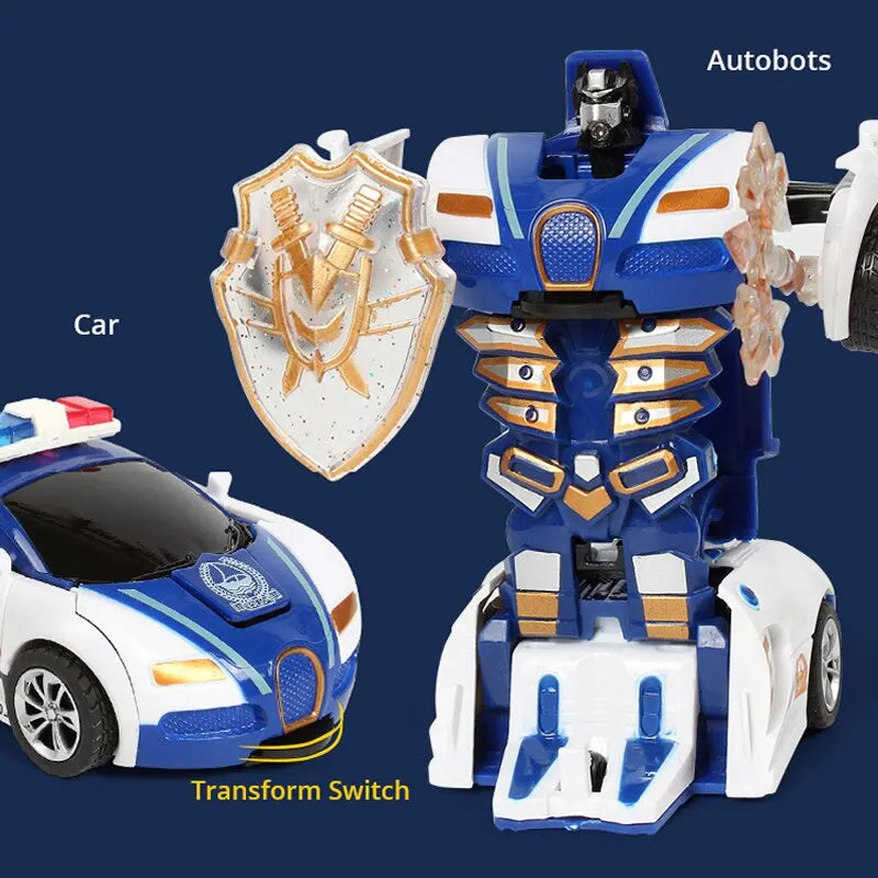 Blue Children'S Collision Deformation Police Car Toy Boy Inertia Impact One-Button Deformation Car