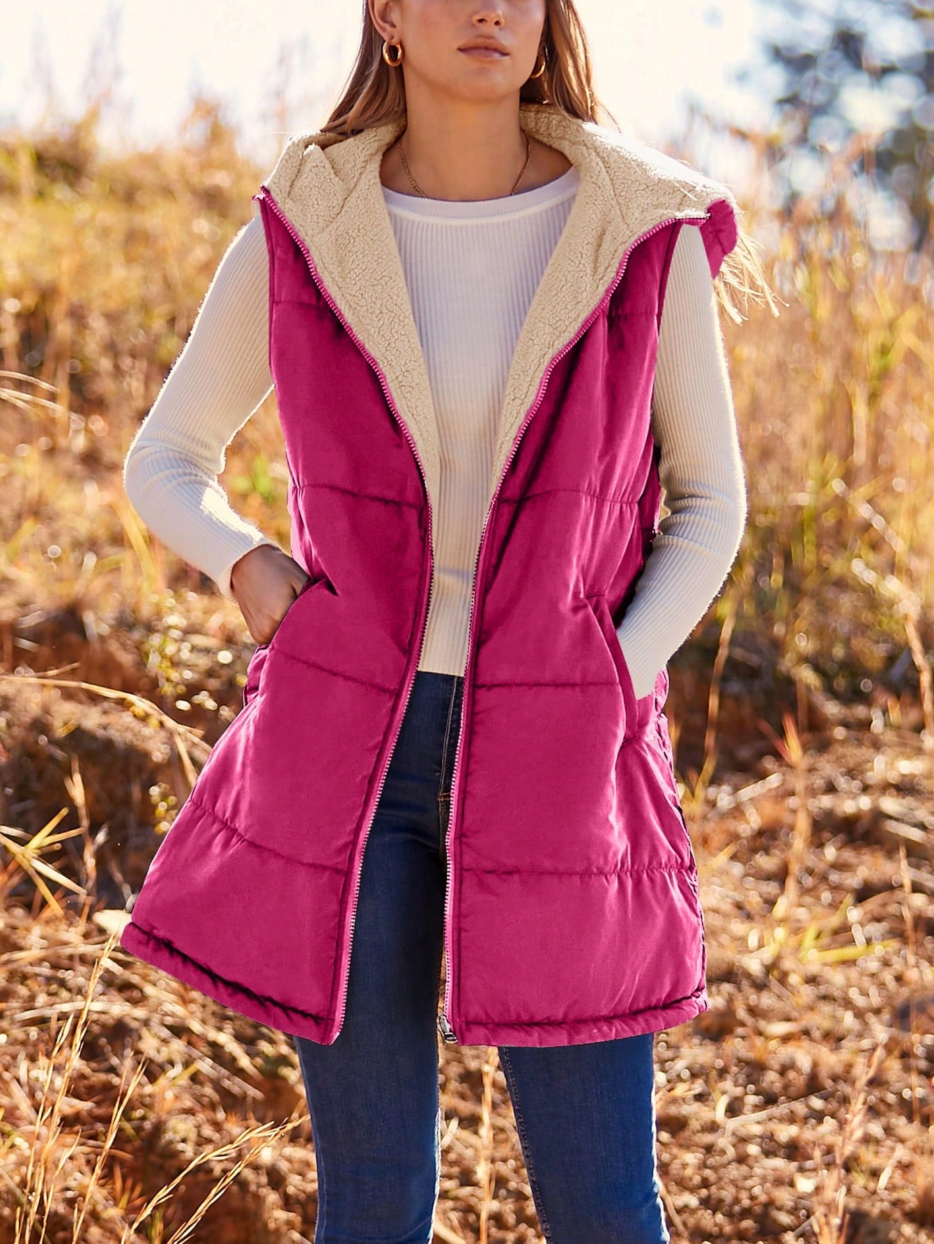 Women'S Fall Reversible Vest Sleeveless Wool Jacket Zipper Hoodie Pocket Long Warm Winter Coat Coat