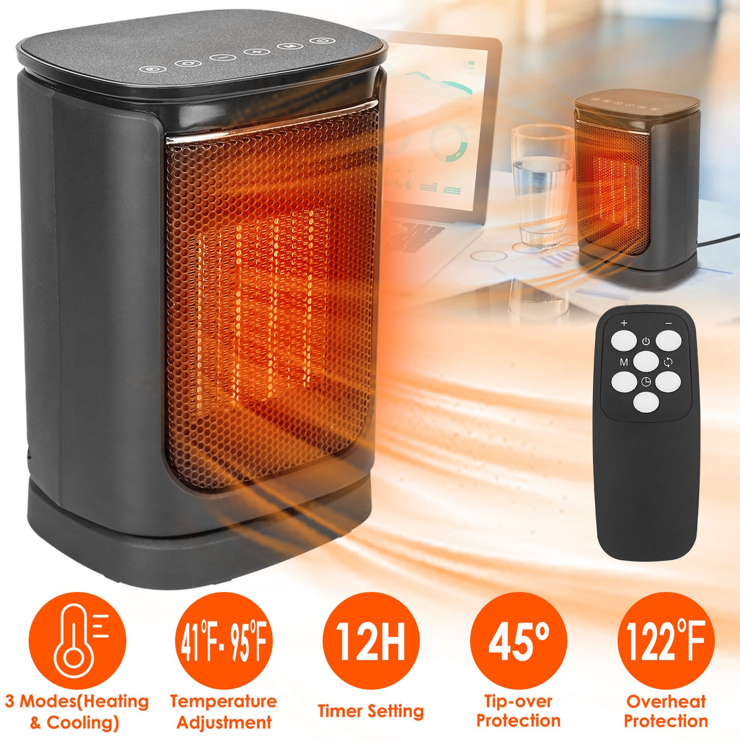 1500W Electric Space Heater Ceramic Heater Fan 90 Degree Oscillating Heating Fan with 3 Modes Remote Control Digital Display Tip-Over Overheating Protection for Home Office