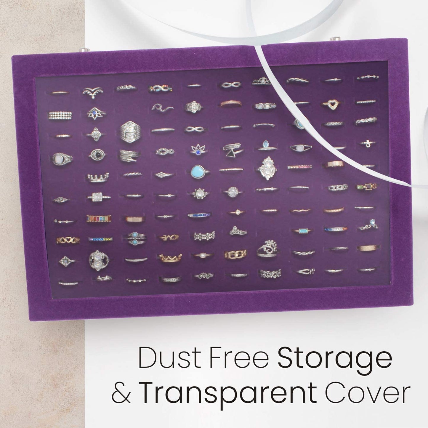 100 Slots Jewelry Ring Organizer Case, Ring Storage Tray for Multiple Rings with Clear Lid, Ring & Earring Holder Storage Box for Shows
