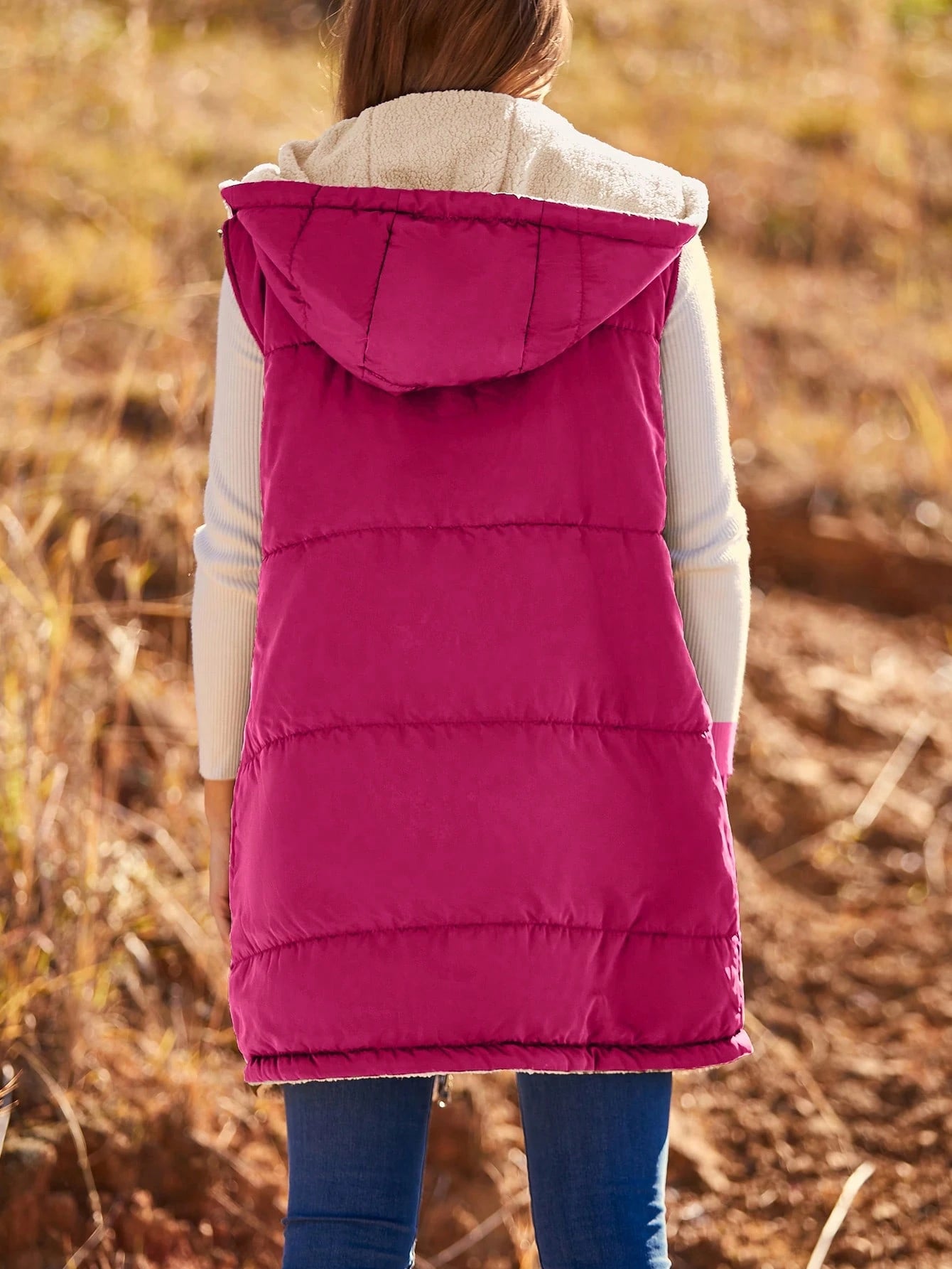 Women'S Fall Reversible Vest Sleeveless Wool Jacket Zipper Hoodie Pocket Long Warm Winter Coat Coat