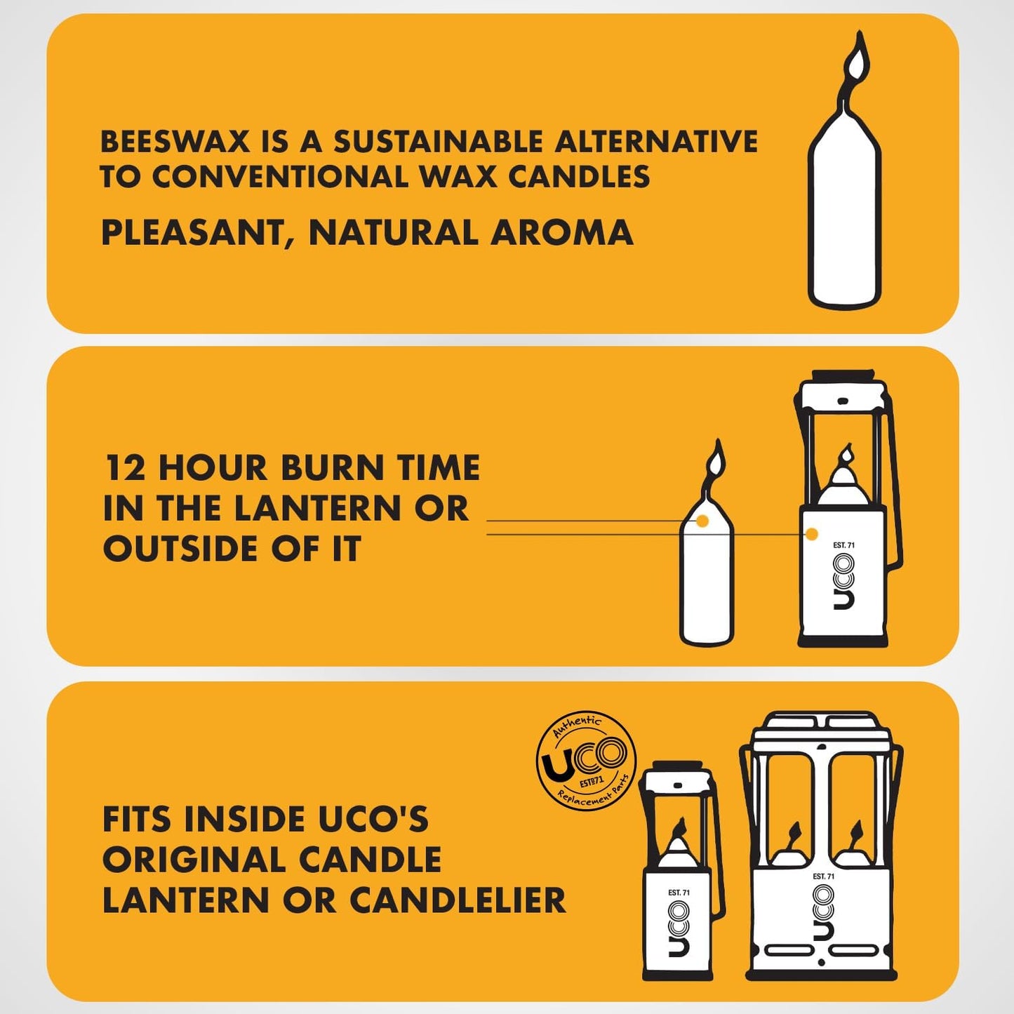 12-Hour Natural Beeswax Long-Burning Candles for Candle Lanterns and Emergency Preparedness, Made in USA