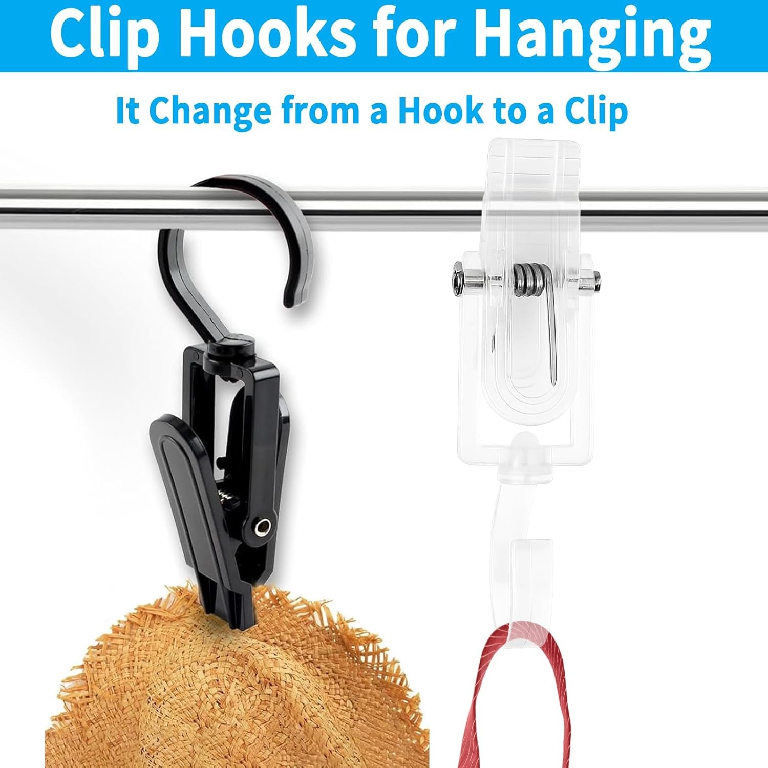 20 PCS Laundry Hooks with Clips Super Strong Plastic Home Travel Swivel Hanging Hanger Closet Organizer Clamps Socks Boot Bras Towels for Bathroom Wardrobe Kitchen Office - 4.3 Inches (Clear)