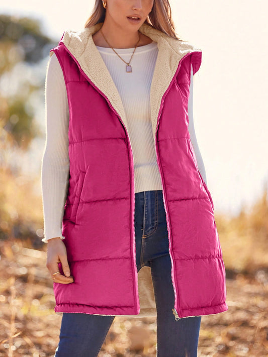 Women'S Fall Reversible Vest Sleeveless Wool Jacket Zipper Hoodie Pocket Long Warm Winter Coat Coat