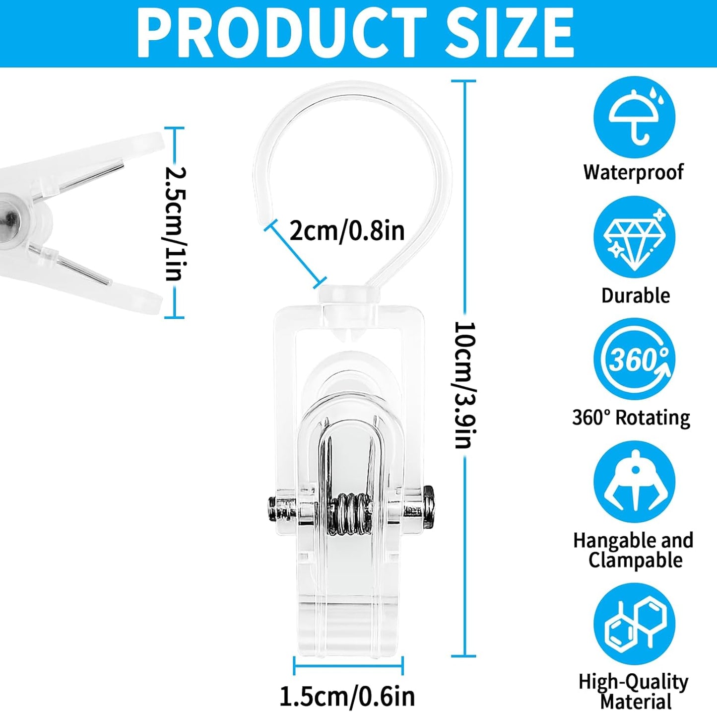 20 PCS Laundry Hooks with Clips Super Strong Plastic Home Travel Swivel Hanging Hanger Closet Organizer Clamps Socks Boot Bras Towels for Bathroom Wardrobe Kitchen Office - 4.3 Inches (Clear)