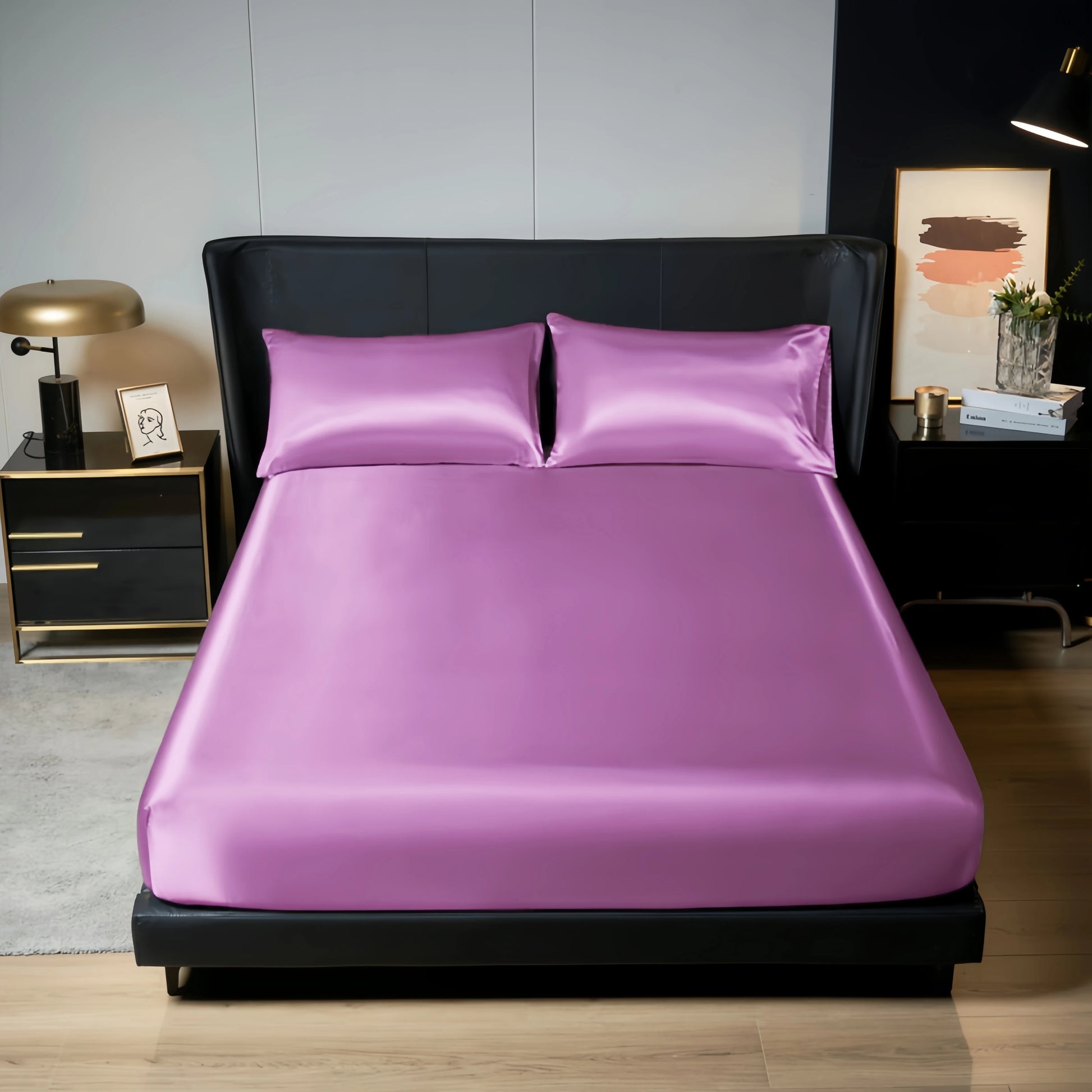 Upzo 100%Polyester 1Pcs Satin Surface Bedding Fitted Sheet（No Pillowcase）Elastic Band around Mattress Cover King Bed Cover Sheet
