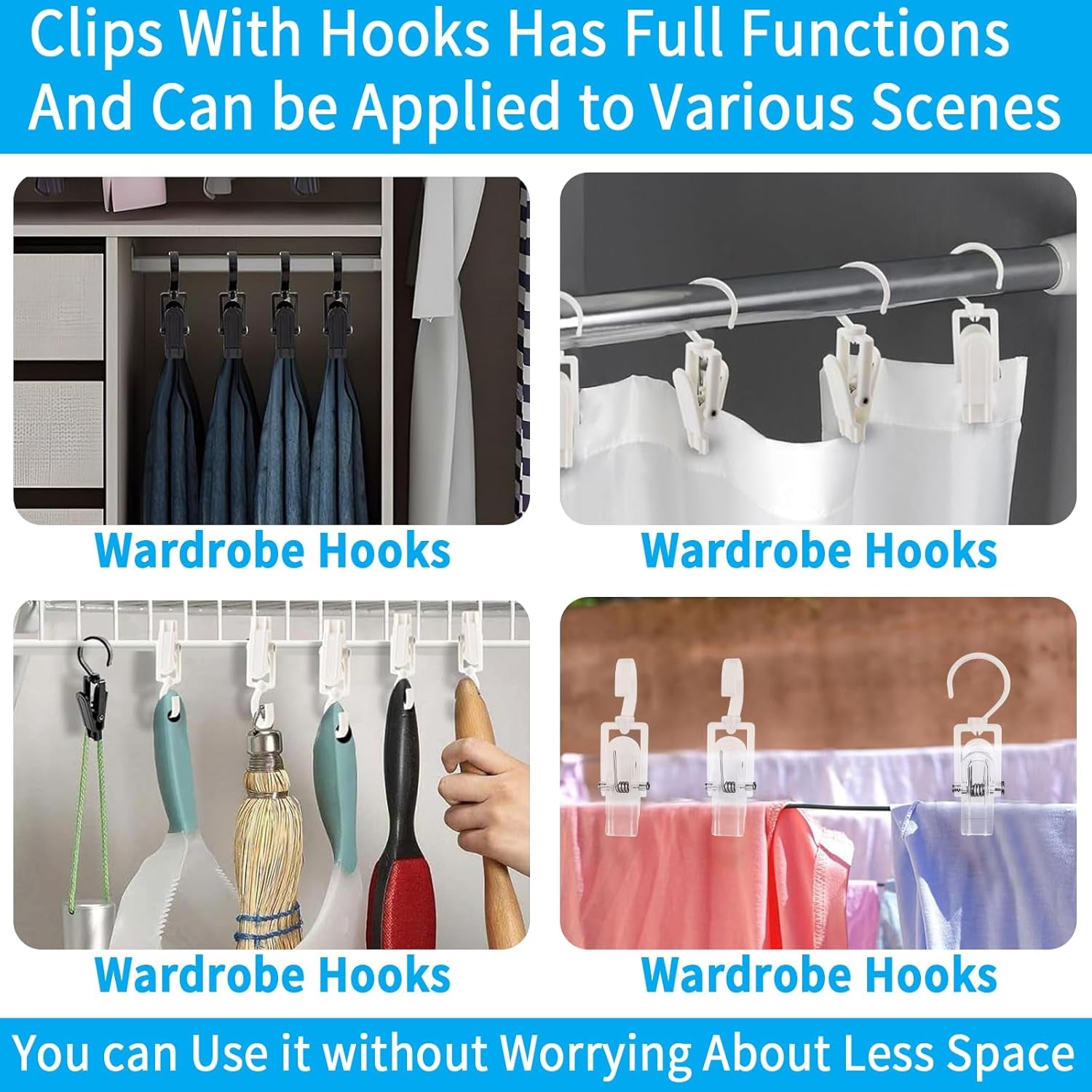 20 PCS Laundry Hooks with Clips Super Strong Plastic Home Travel Swivel Hanging Hanger Closet Organizer Clamps Socks Boot Bras Towels for Bathroom Wardrobe Kitchen Office - 4.3 Inches (Clear)
