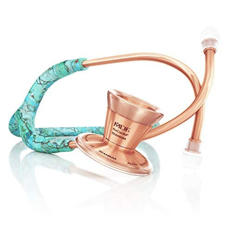 Turquoise Rose Gold Procardial Cardiology Stethoscope, Lightweight Titanium, Adult, Dual Head, Turquoise Tube, Rose Gold Chestpiece-Headset, MDF797TTQRG