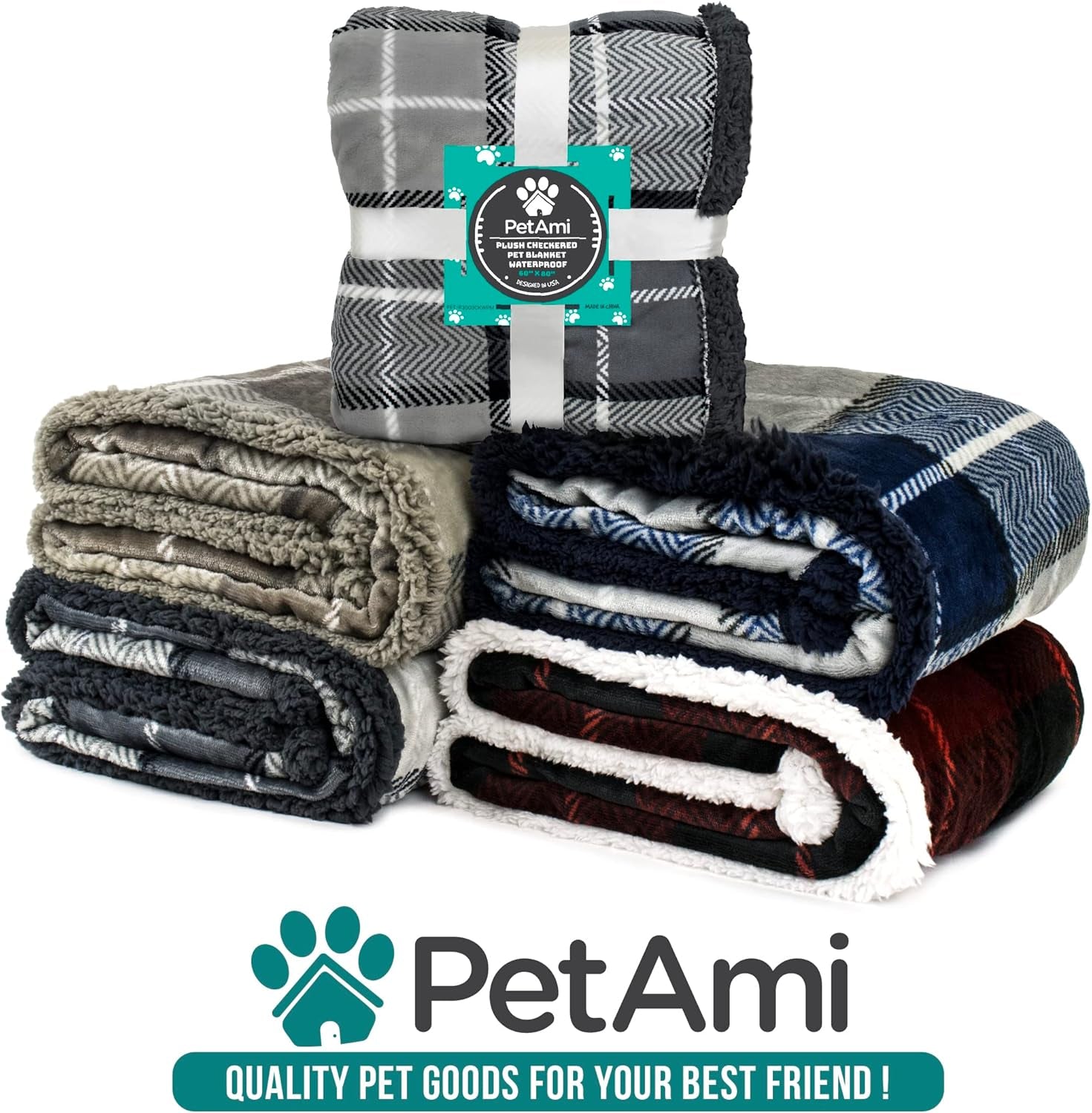 Waterproof Dog Blanket for Medium Large XL Dog Puppy Cat Throw for Couch Cover Leakproof Protection, Sherpa Fleece, Reversible Soft Washable 80X60 Plaid Taupe